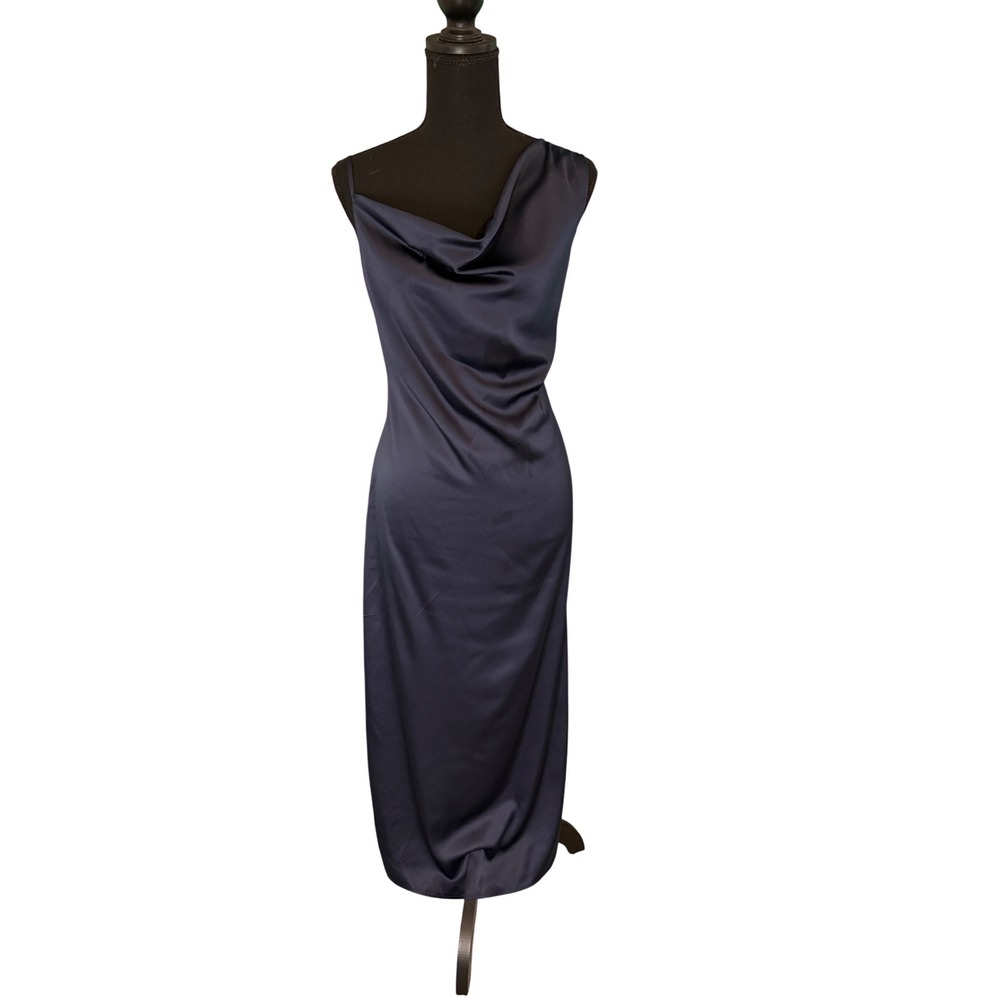 Mi Ami Pavani Z55 Navy Blue Satin Cowl Neck Asymmetrical Midi Dress Womens XL